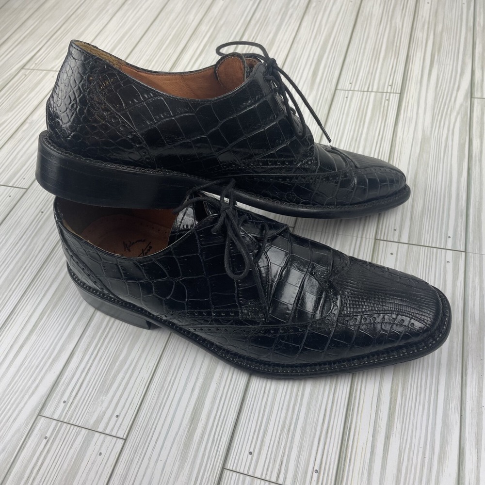 Stacy Adams Men Wingtip Leather Alligator Lizard Print Black Shoes Sz 8